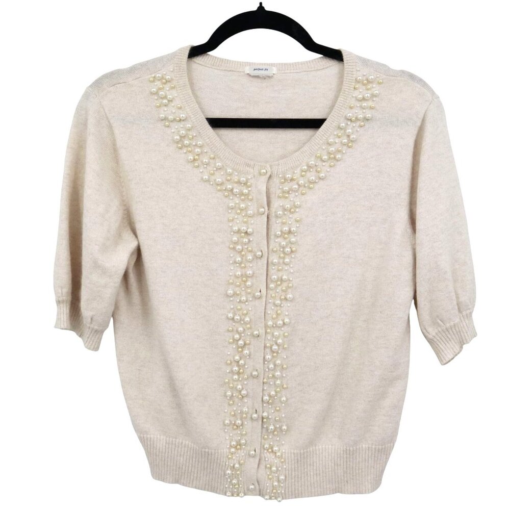 Perfect Fit Embellished Cardigan Women M Beige Cottage Grannycore Elevated Basic